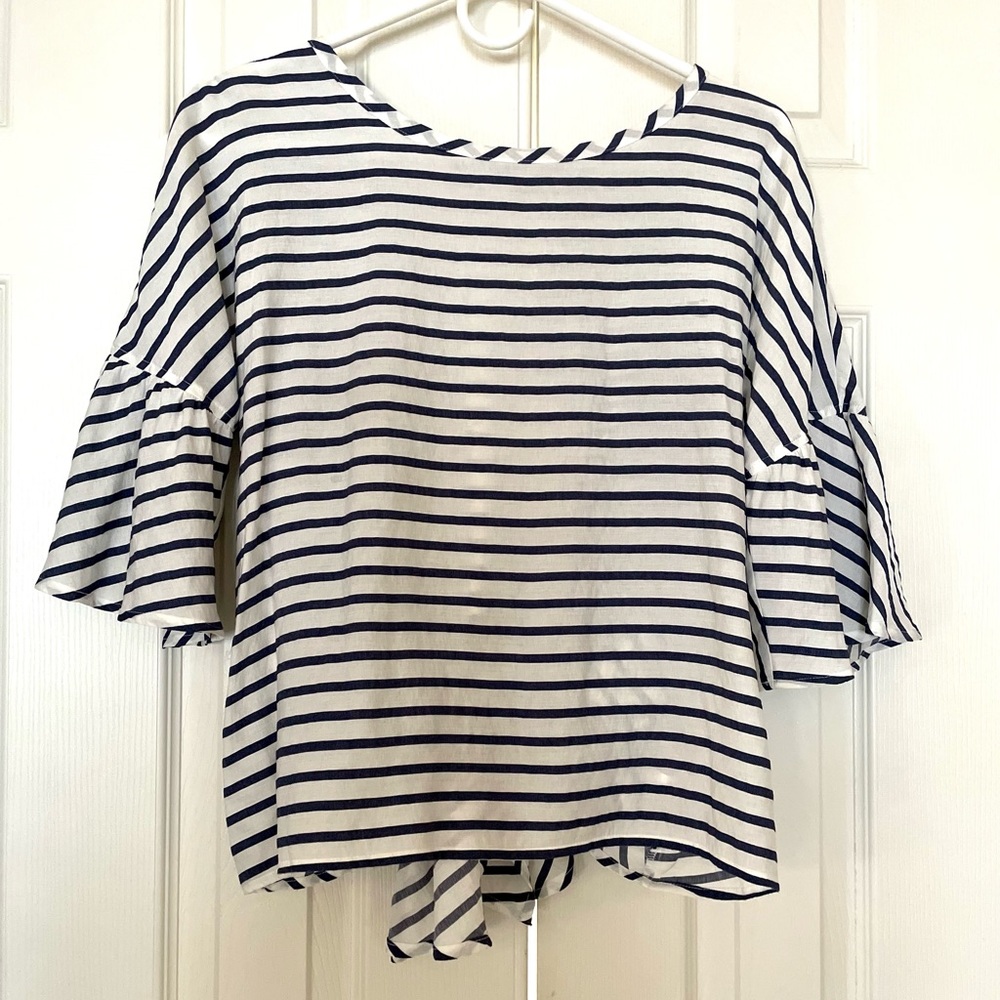 Express White and Blue Striped Tie Back Bell Sleeve Blouse- Size S
